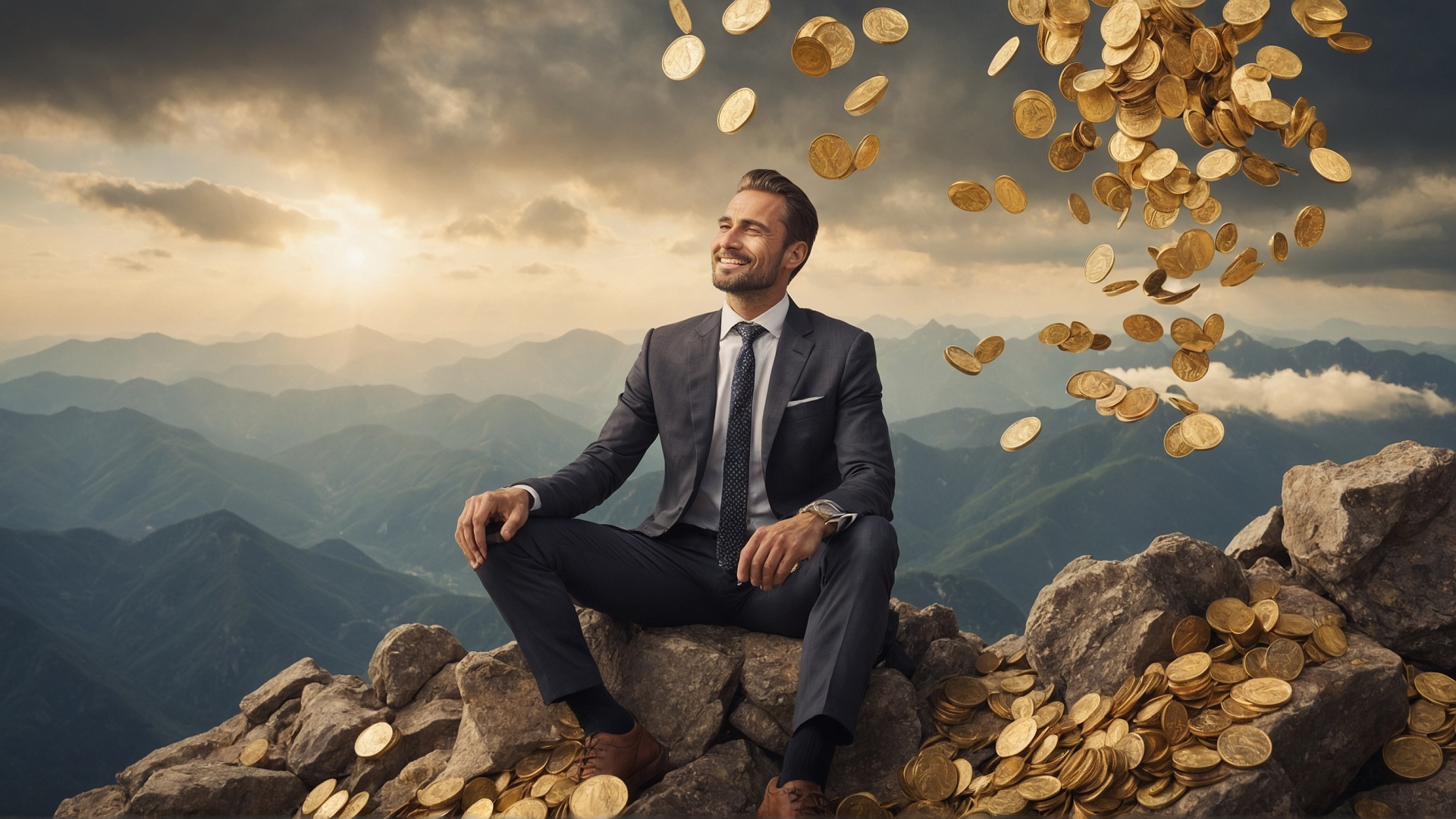 Man on mountain top with raining money
