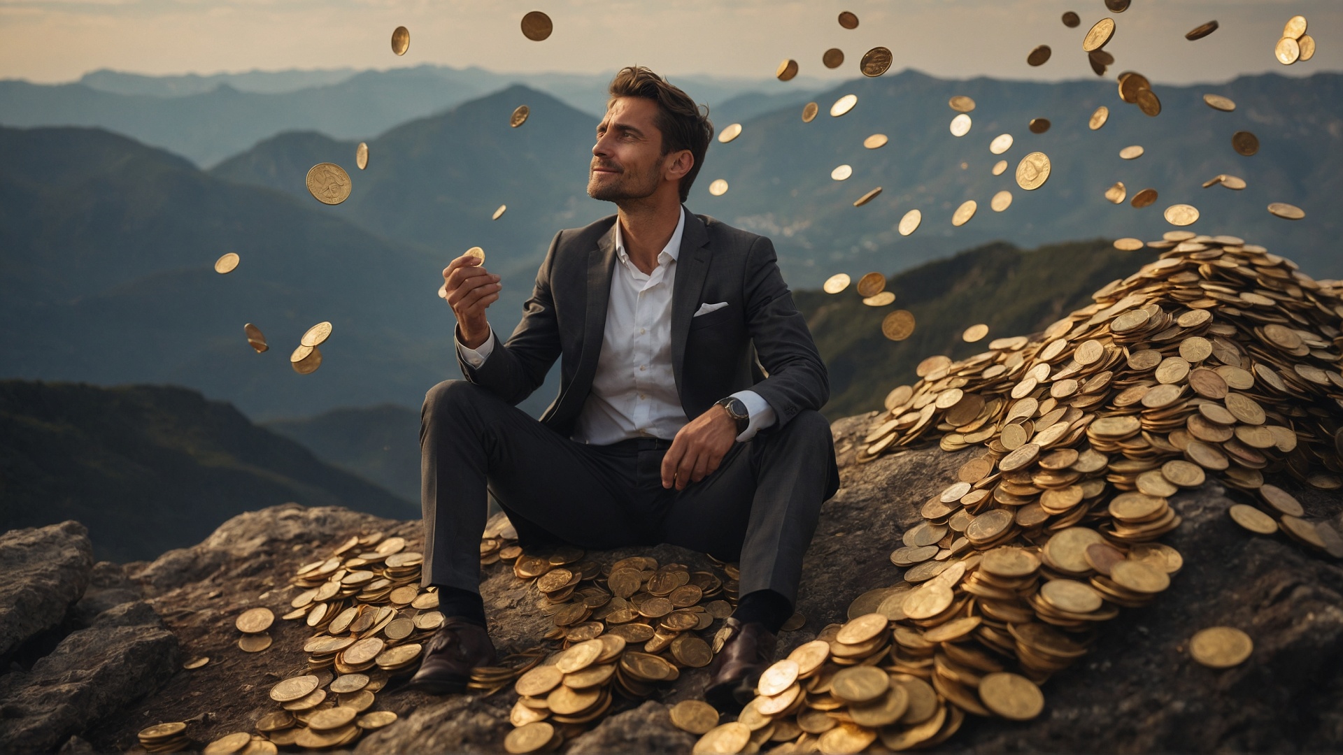 Man on mountain top with raining money
