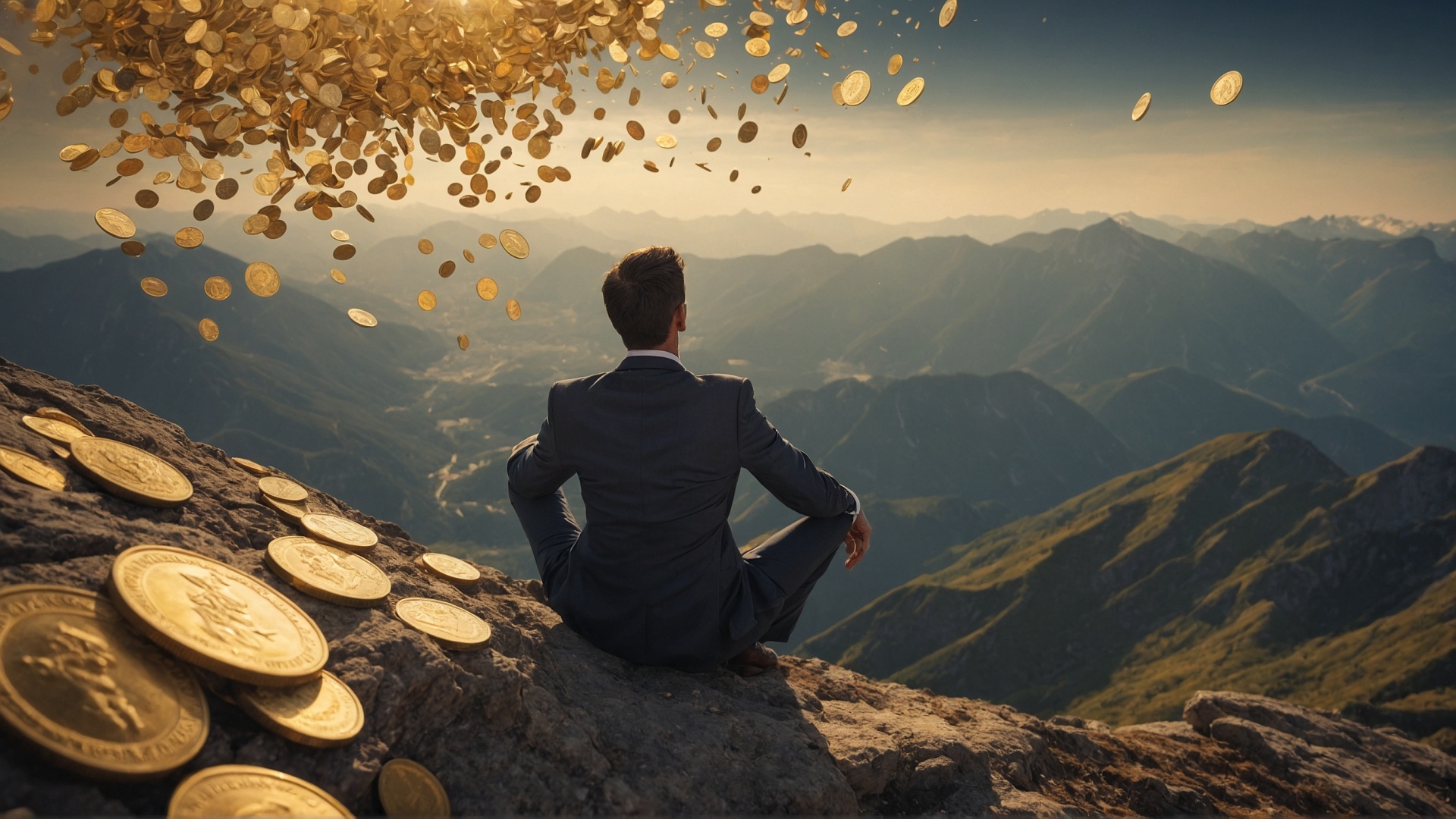 Man on mountain top with raining money