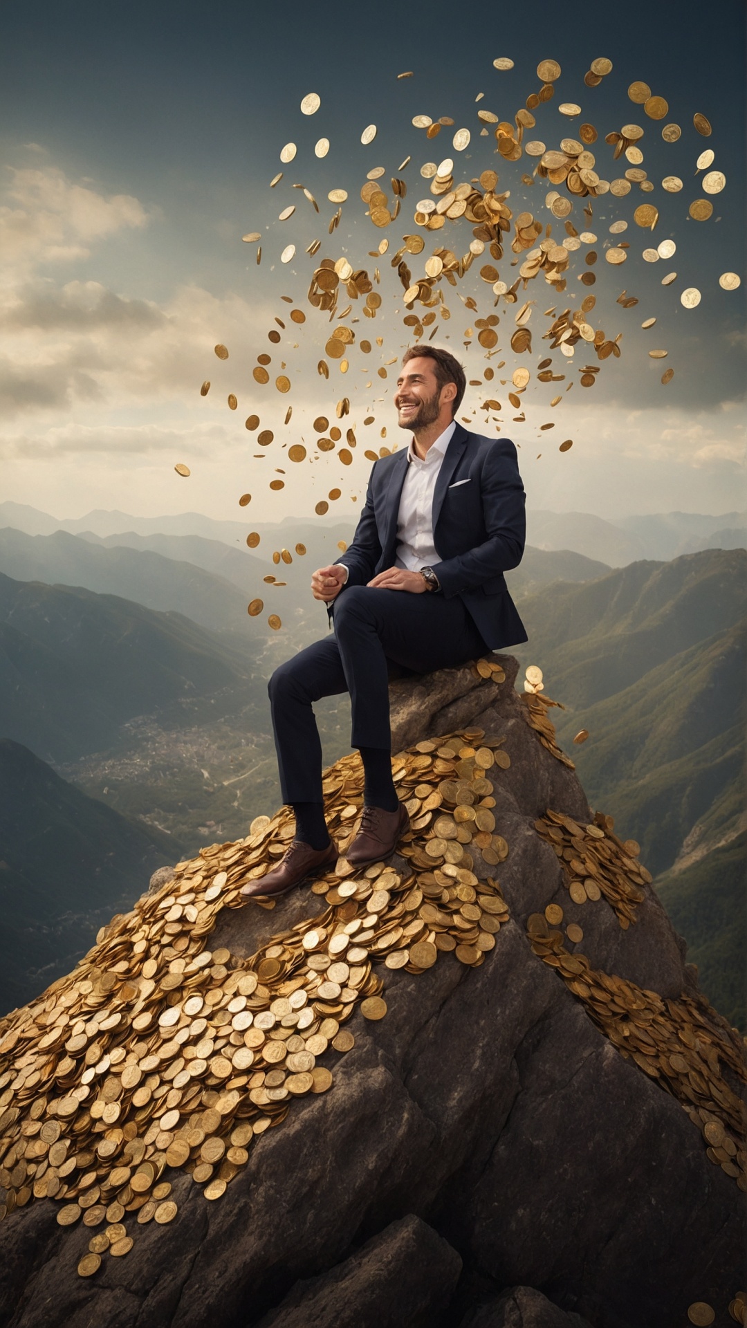 Man on mountain top with raining money