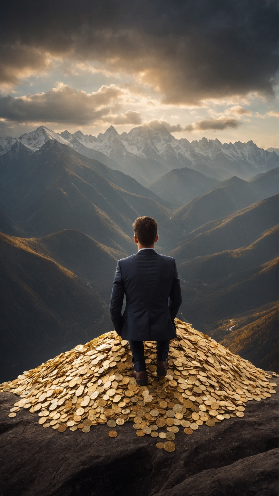 Man on mountain top with raining money