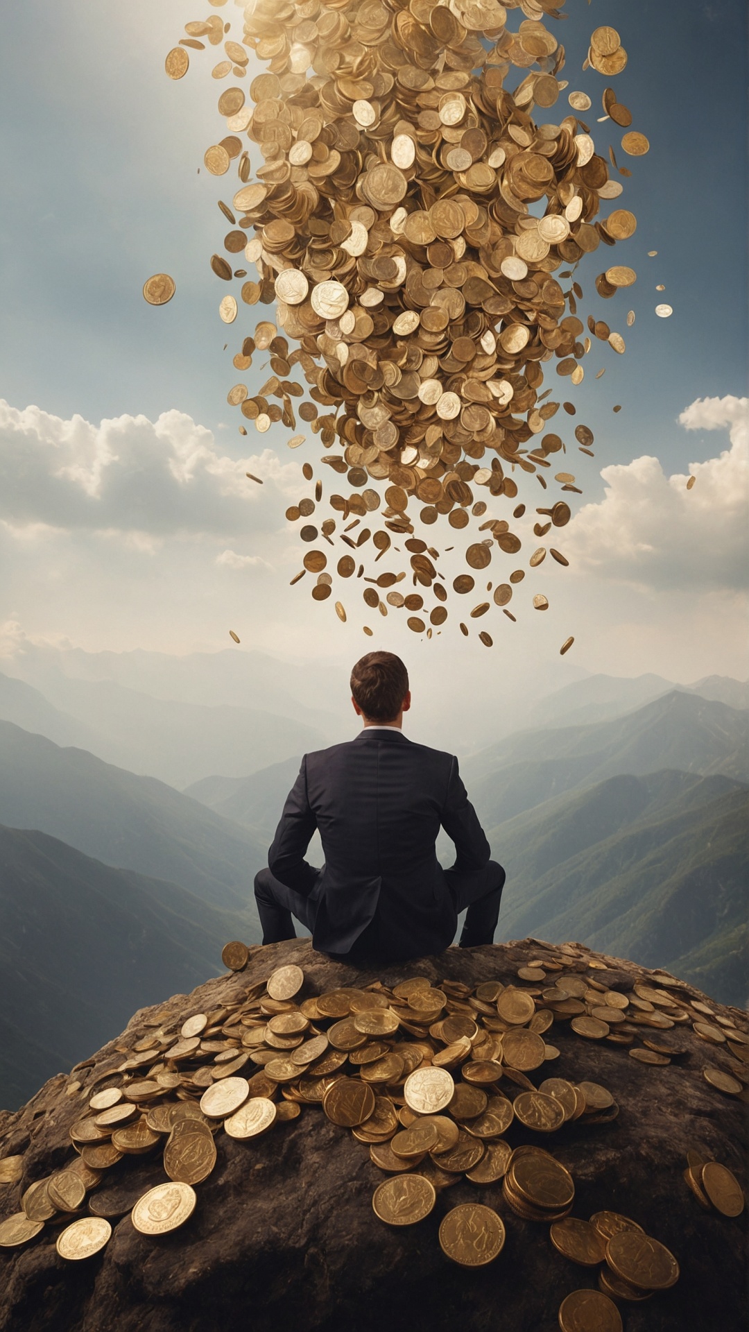 Man on mountain top with raining money