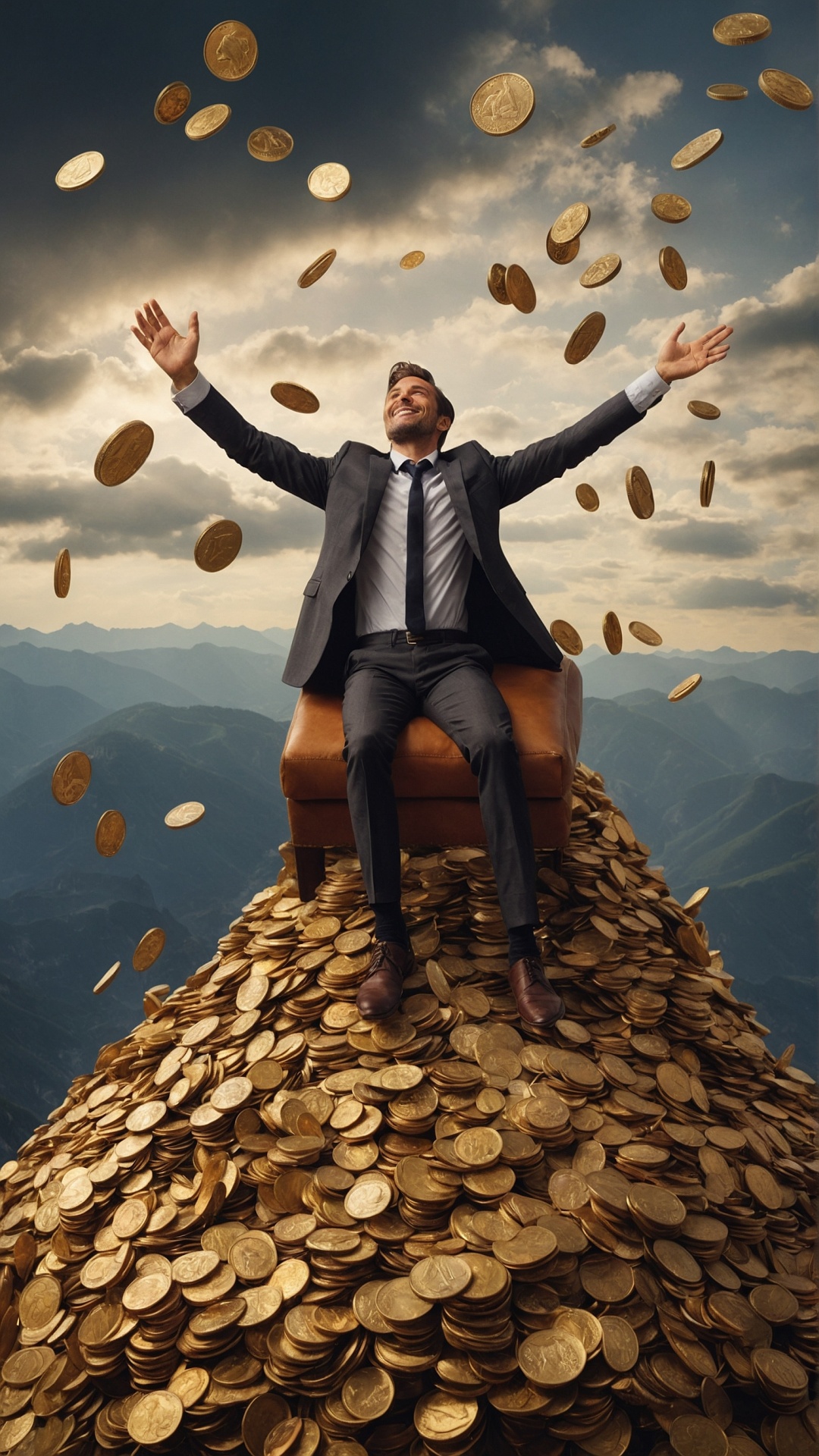 Man on mountain top with raining money