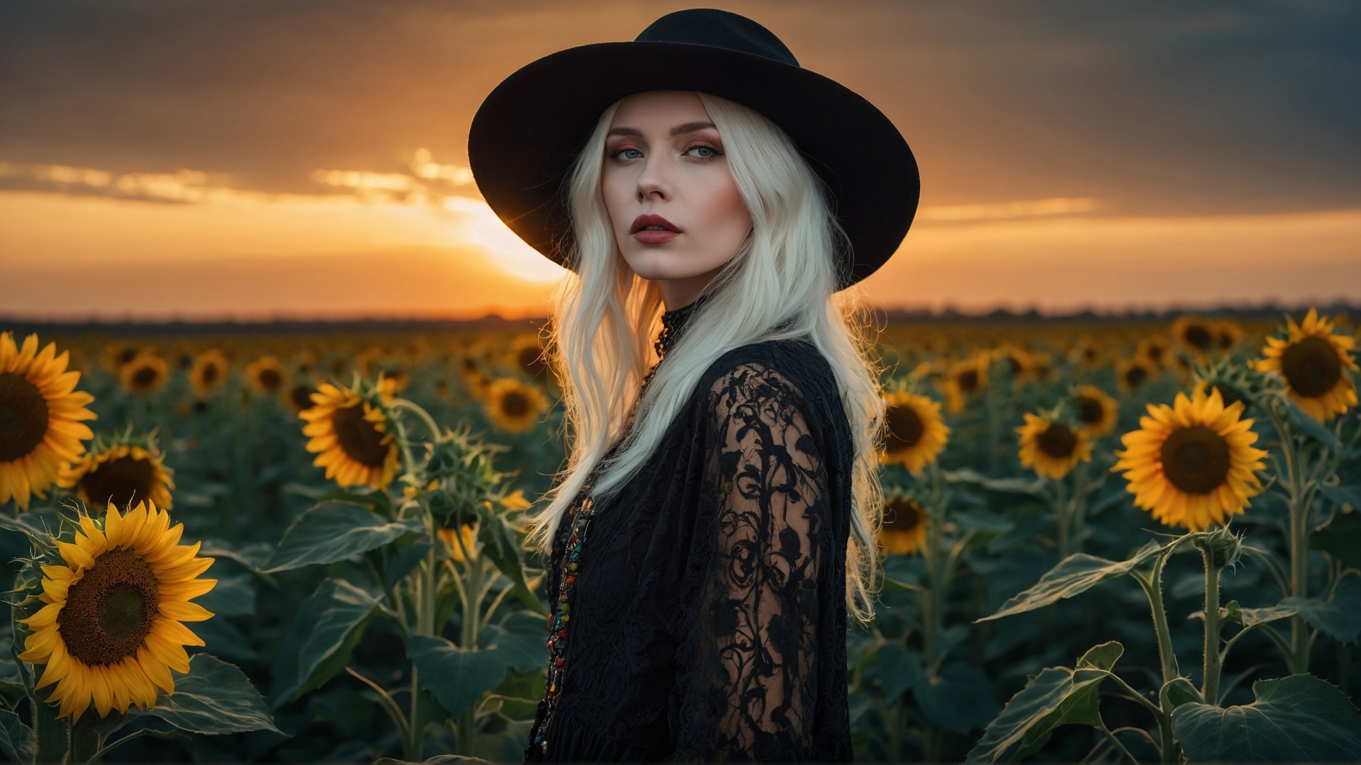 Blonde woman with black hat in sunflower field at sunset