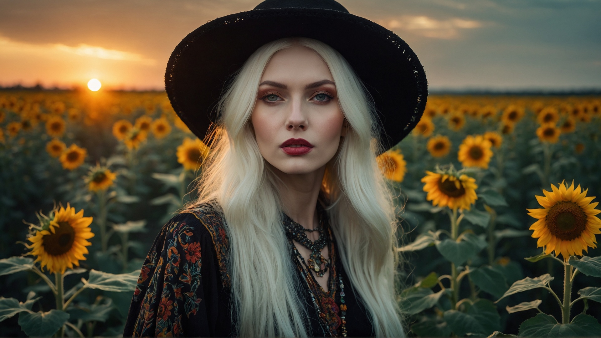 Blonde woman with black hat in sunflower field at sunset