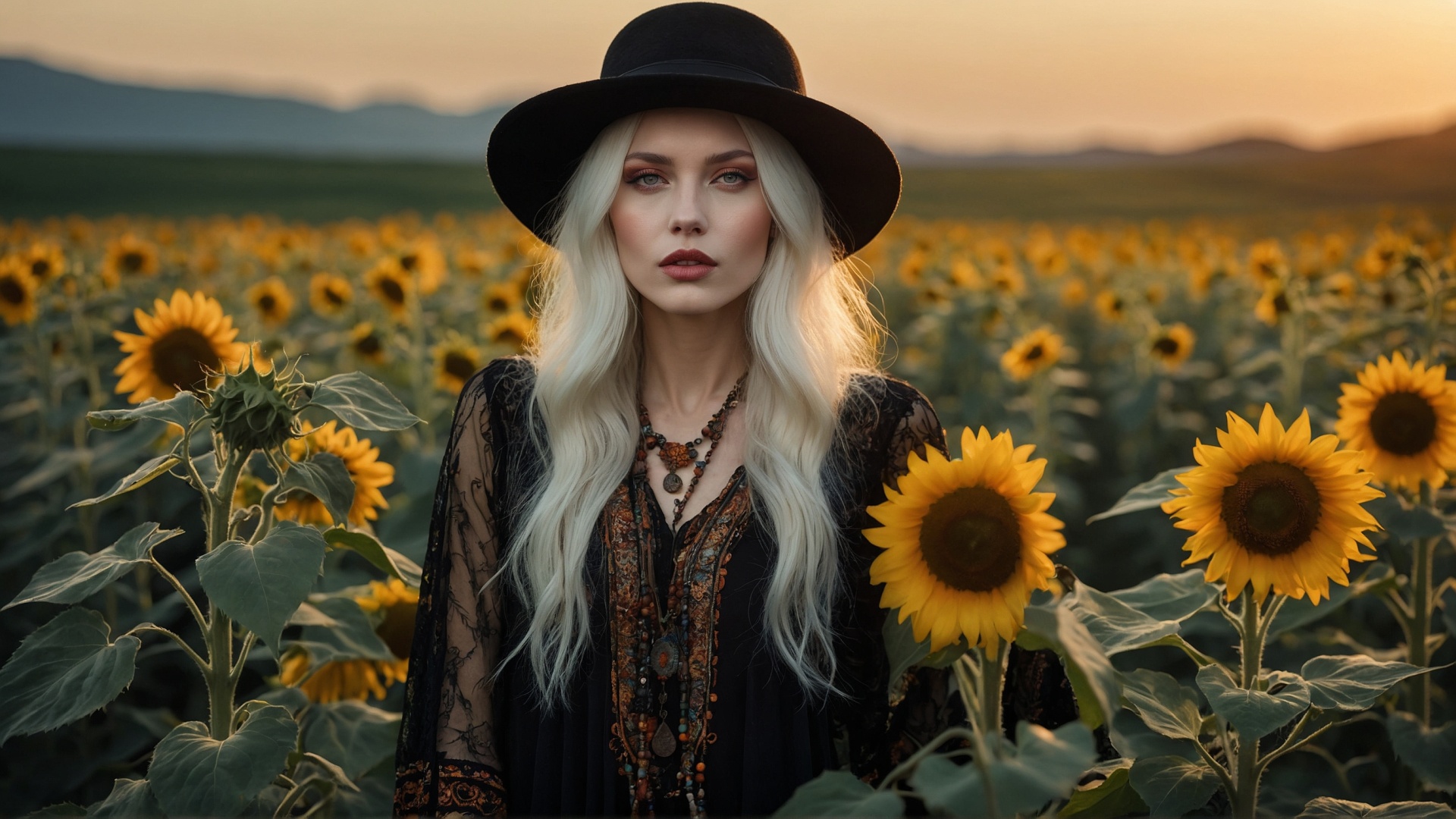 Blonde woman with black hat in sunflower field at sunset