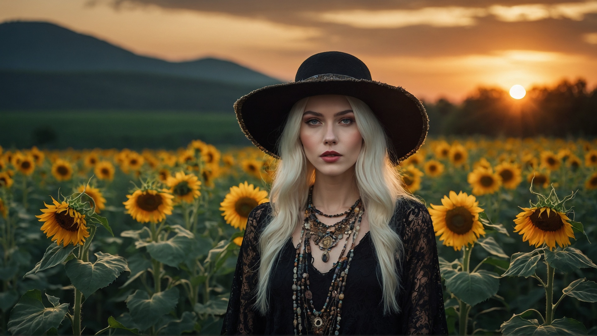 Blonde woman with black hat in sunflower field at sunset