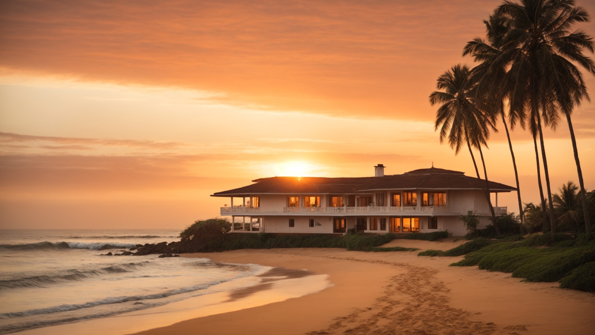 Luxury residential home on the beach at sunset