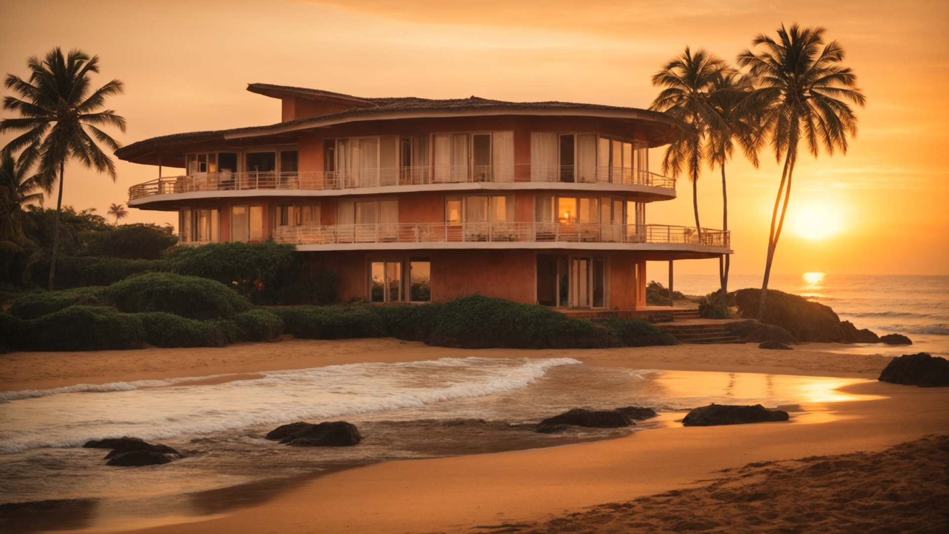Luxury residential home on the beach at sunset