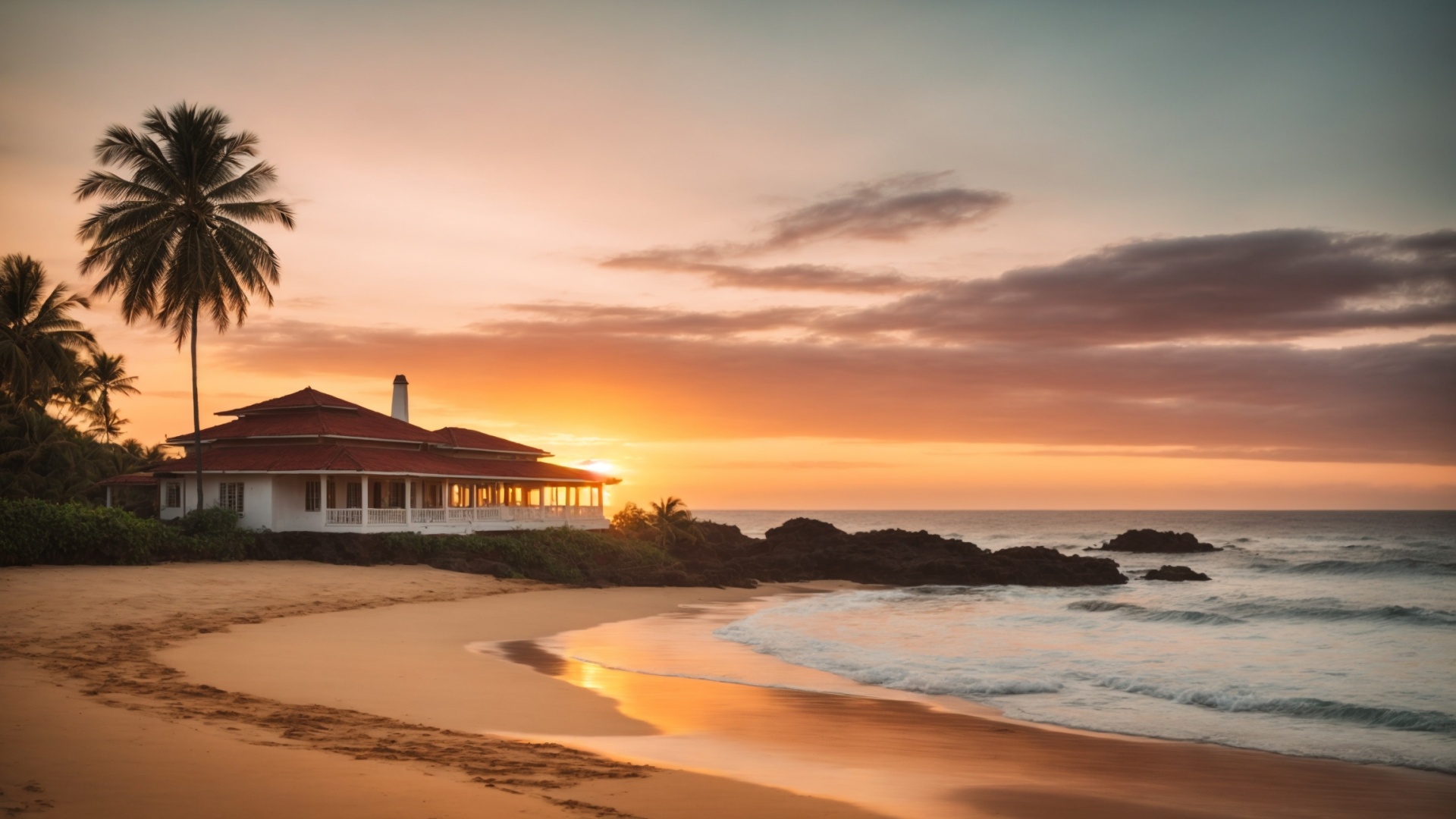 Luxury residential home on the beach at sunset