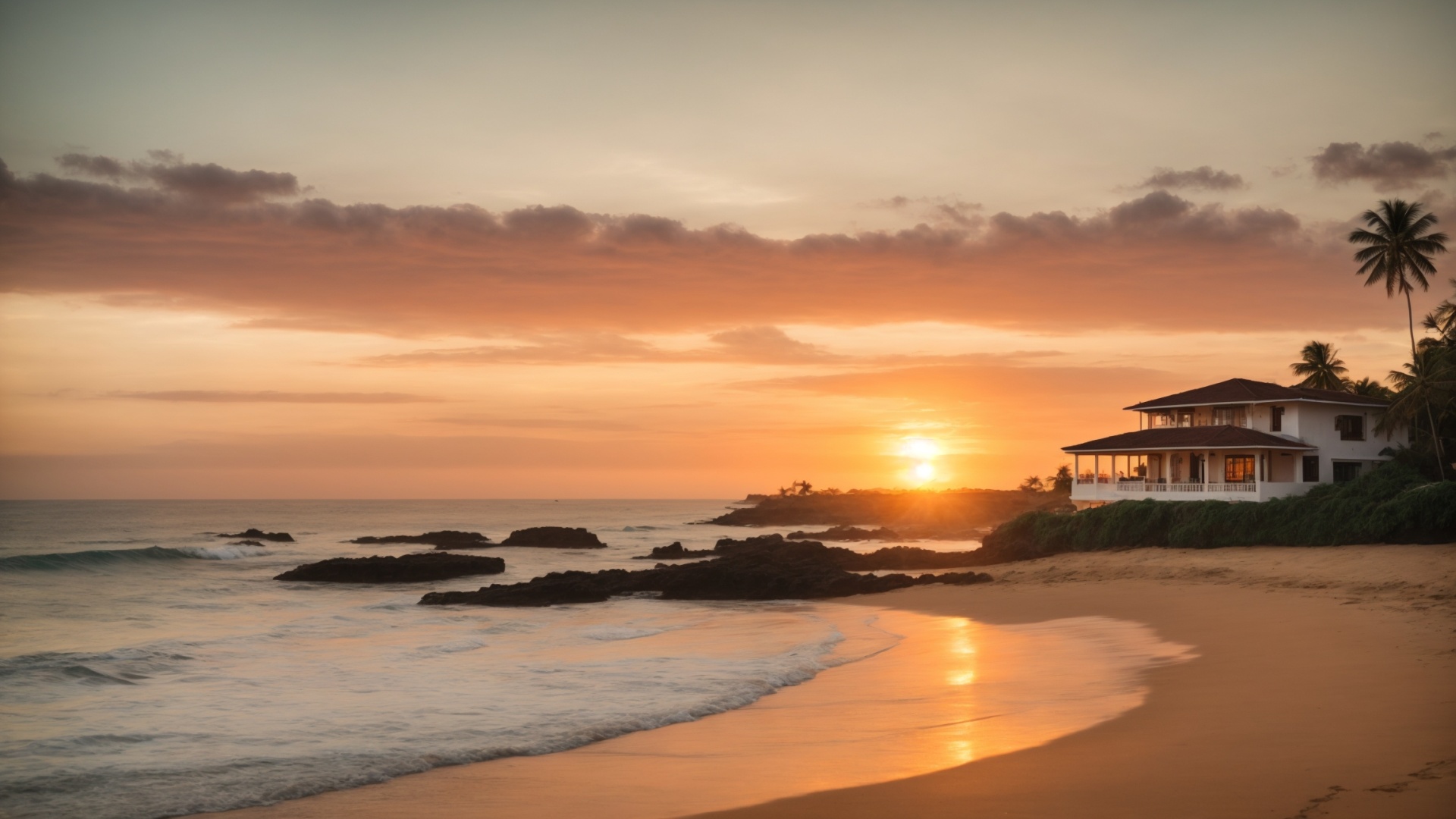 Luxury residential home on the beach at sunset