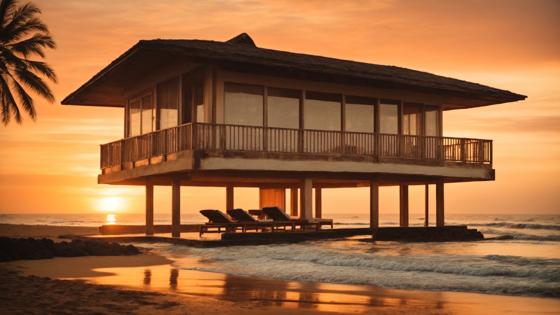 Luxury residential home on the beach at sunset