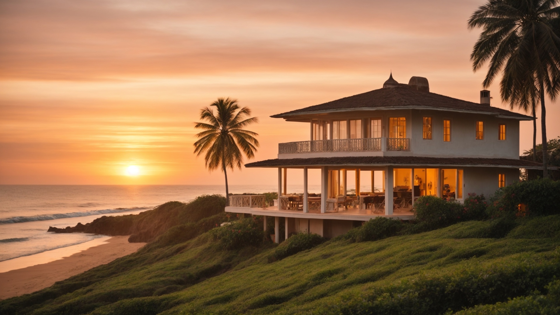 Luxury residential home on the beach at sunset