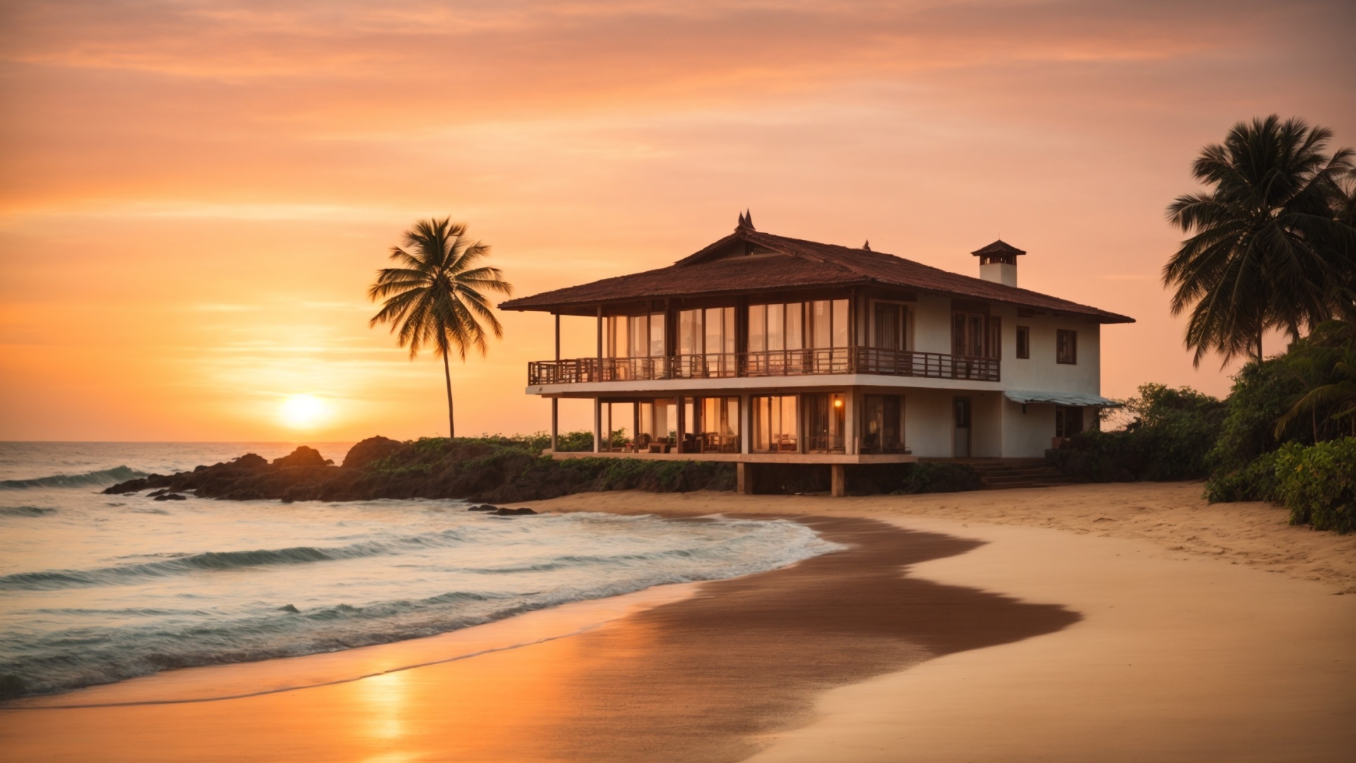 Luxury residential home on the beach at sunset