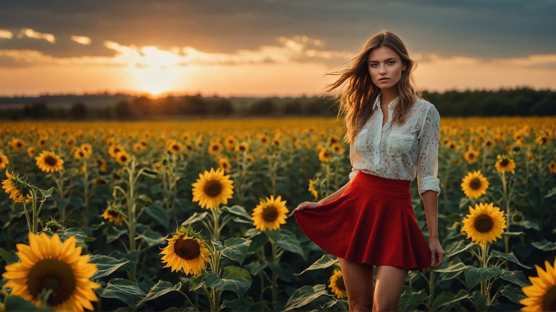 Redhead woman with red mini skirt in sunflower field at sunset