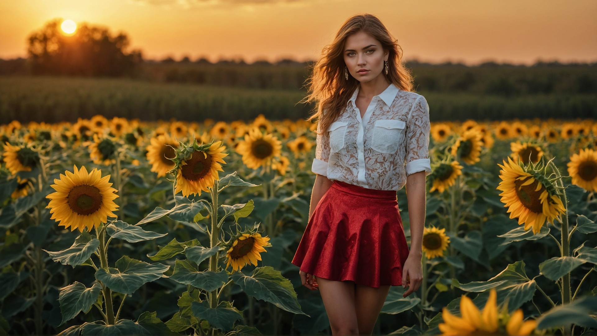 Redhead woman with red mini skirt in sunflower field at sunset