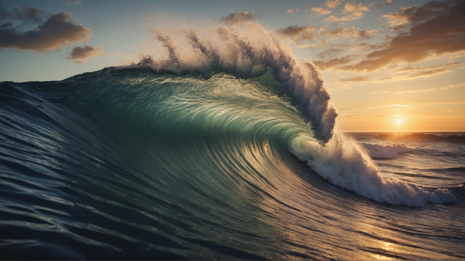 Rolling monster wave in the ocean at sunset