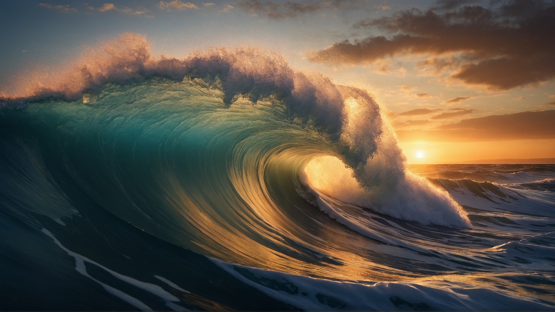 Rolling monster wave in the ocean at sunset