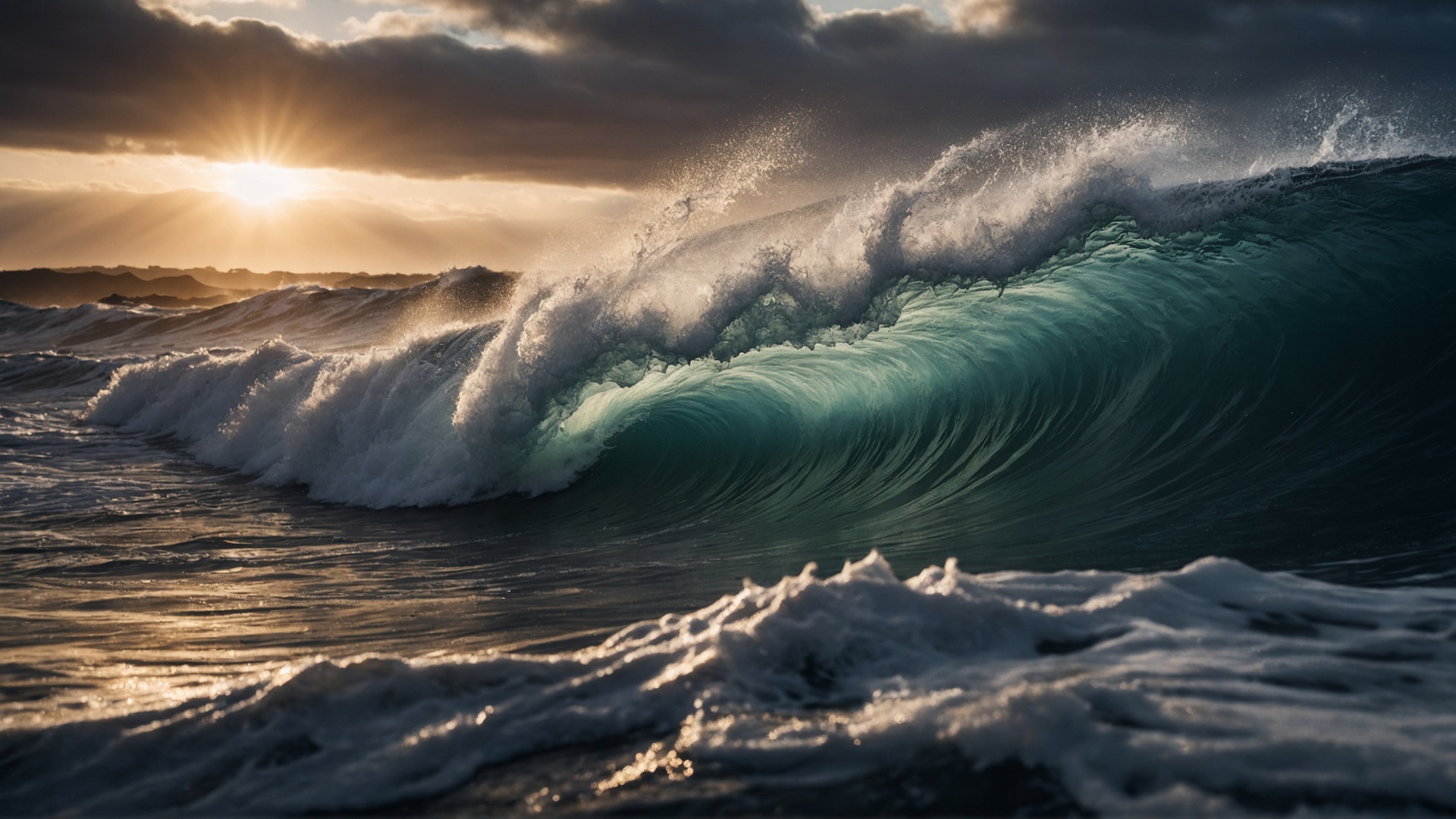 Rolling monster wave in the ocean at sunset