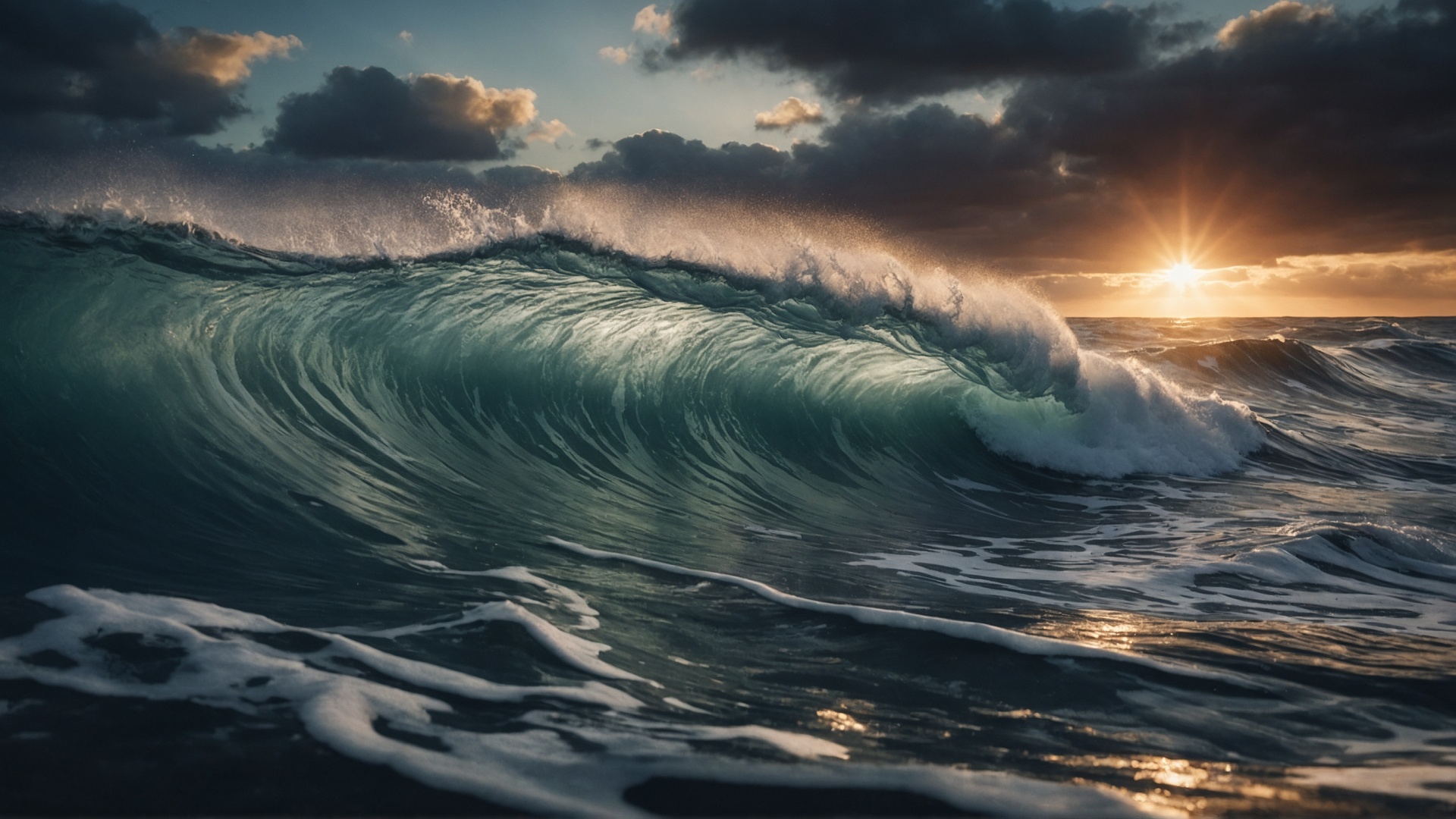 Rolling monster wave in the ocean at sunset