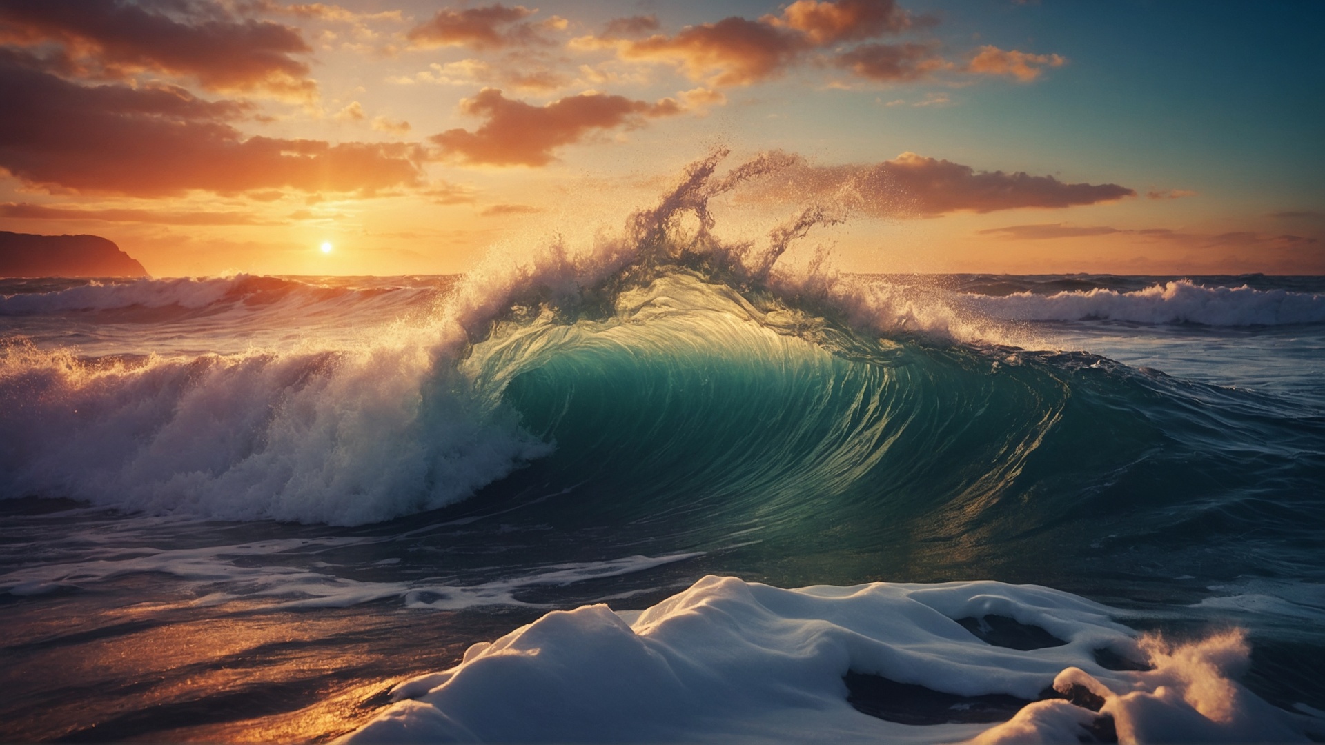 Rolling monster wave in the ocean at sunset
