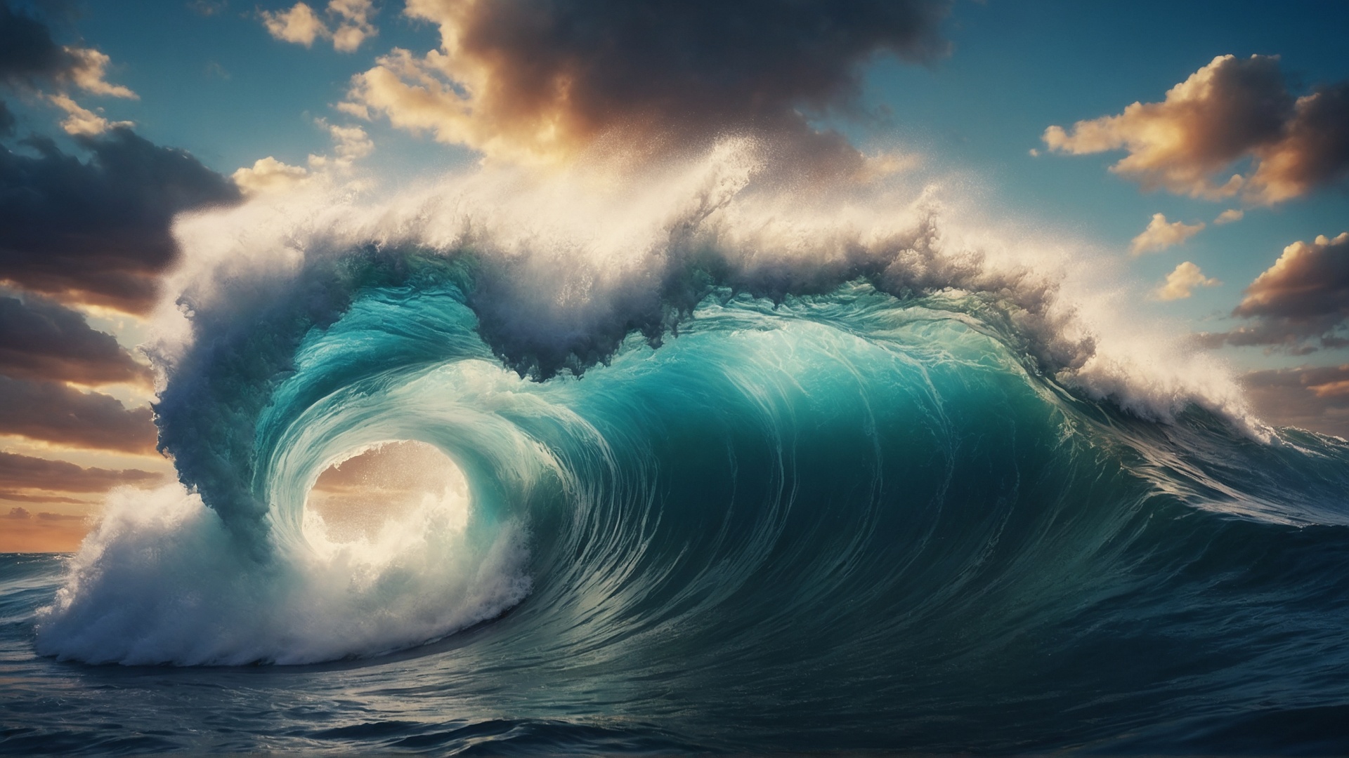 Rolling monster wave in the ocean at sunset