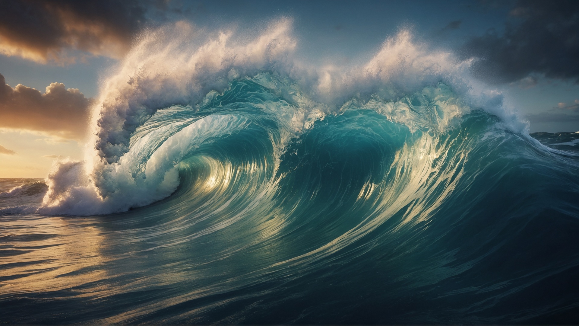 Rolling monster wave in the ocean at sunset