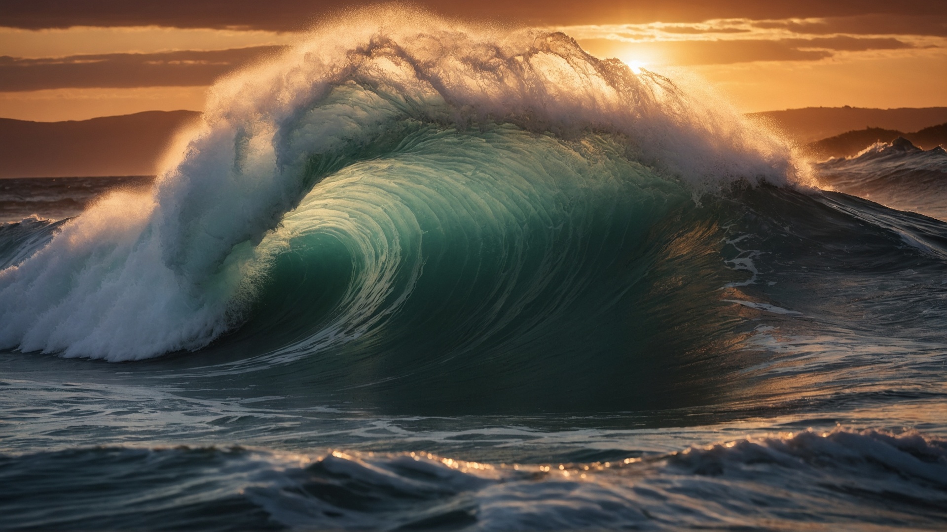 Rolling monster wave in the ocean at sunset