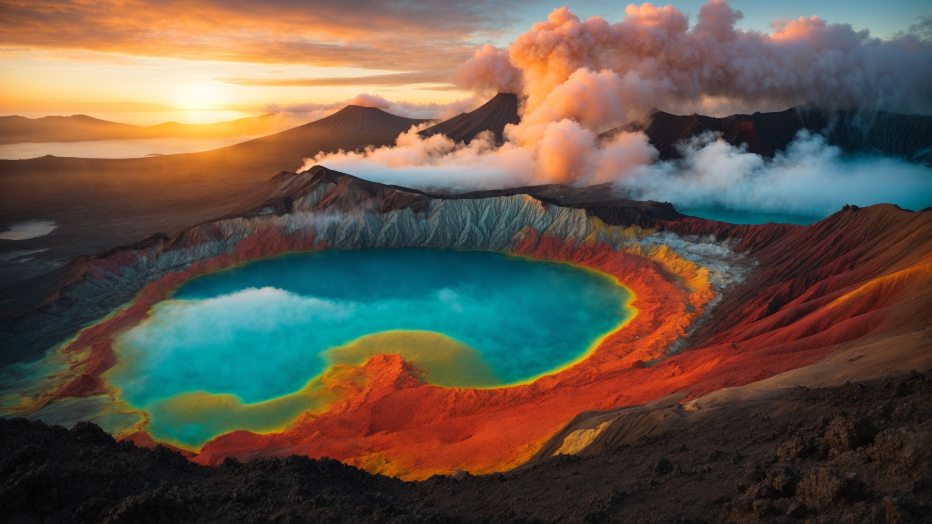 Volcano lake aerial view at sunset