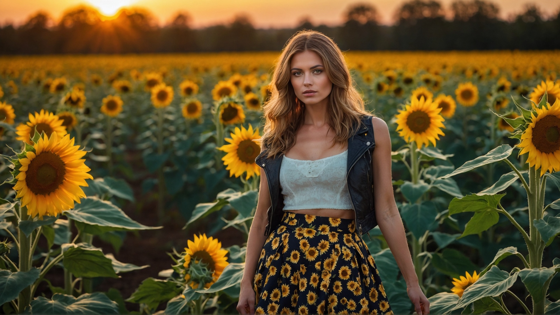 Woman with mini skirt in sunflower field at sunset