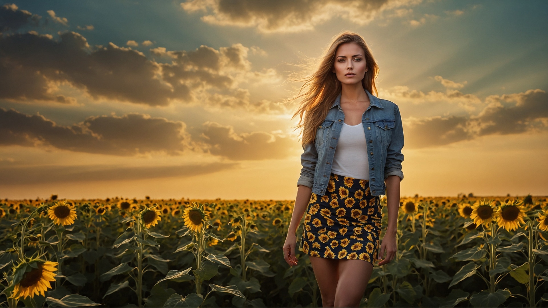 Woman with mini skirt in sunflower field at sunset