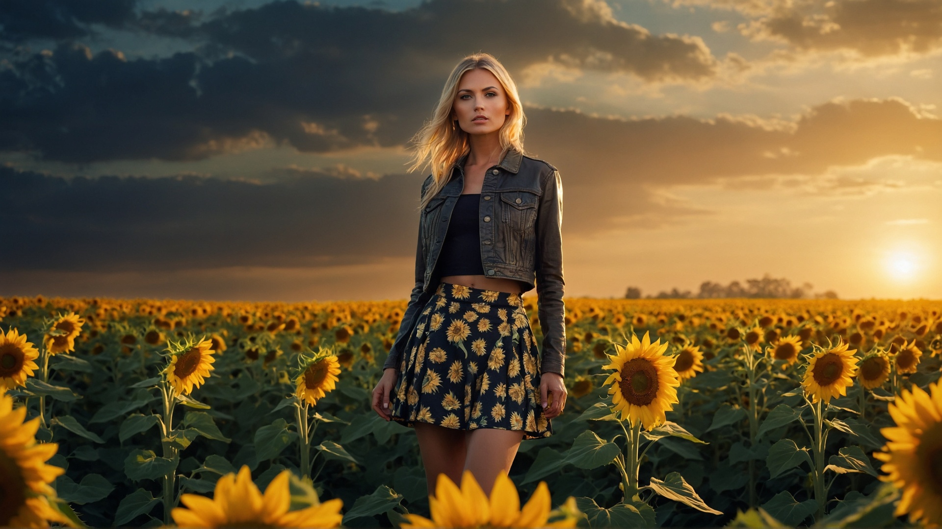 Woman with mini skirt in sunflower field at sunset