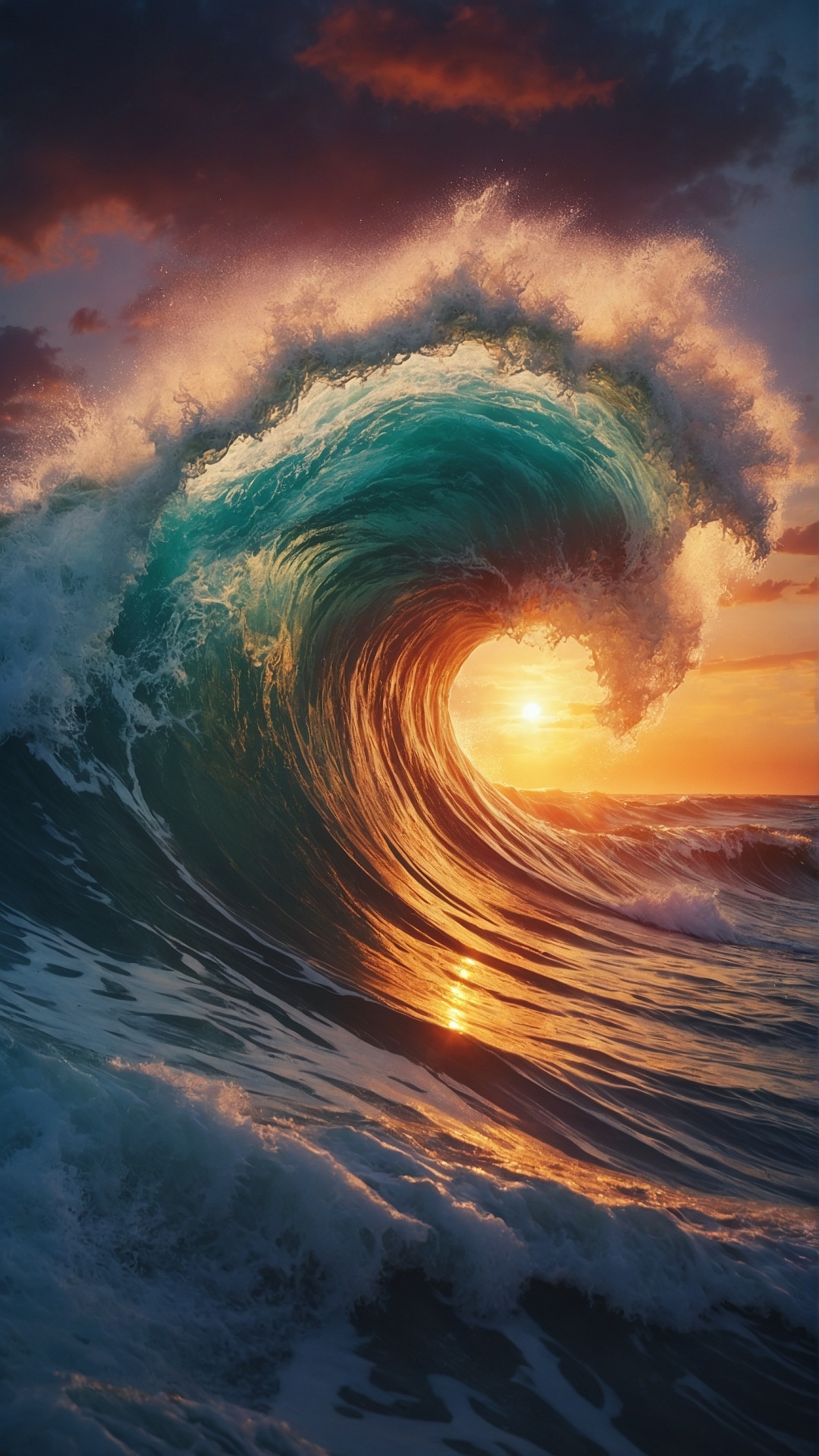 Rolling monster wave in the ocean at sunset