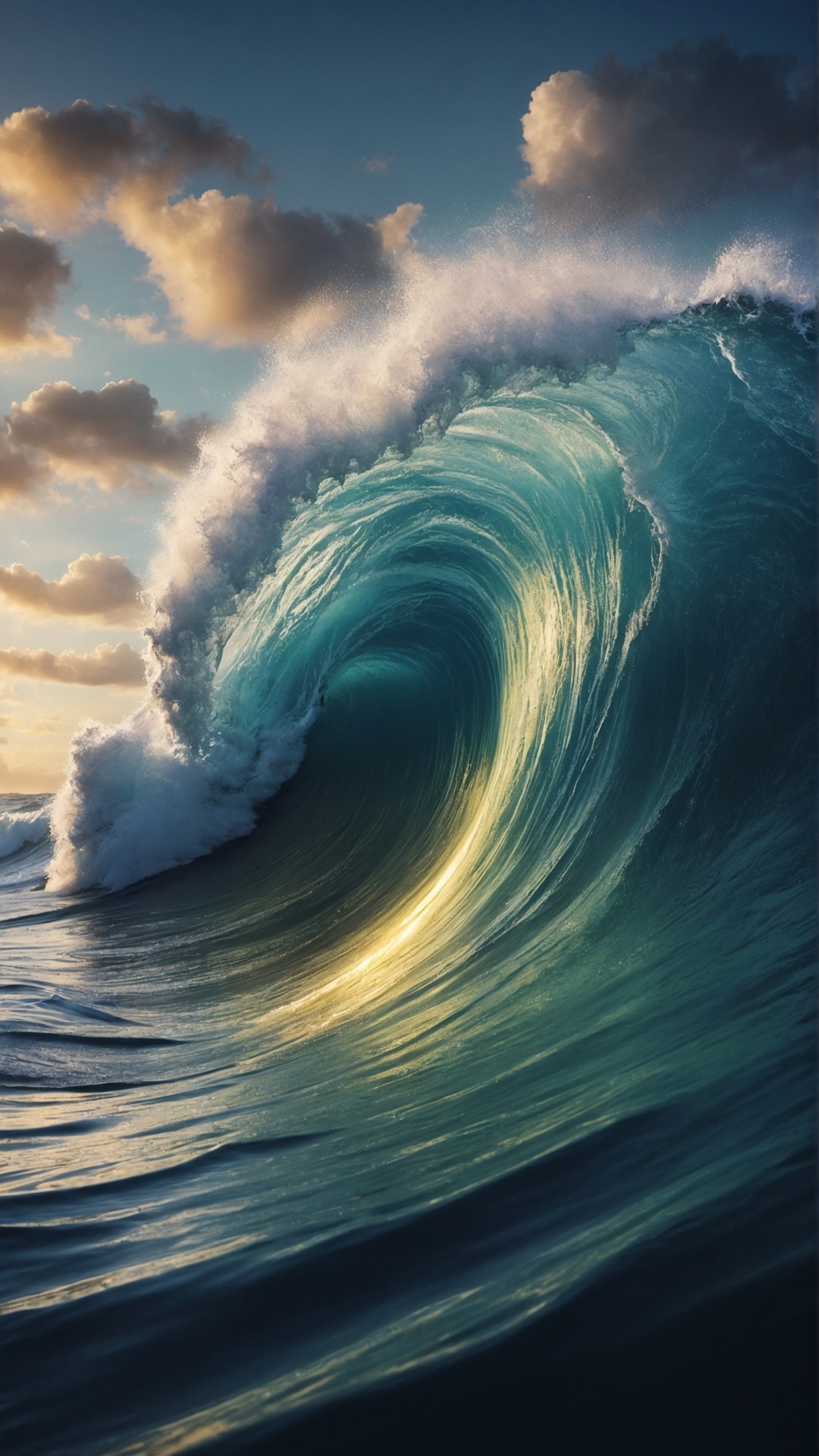 Rolling monster wave in the ocean at sunset