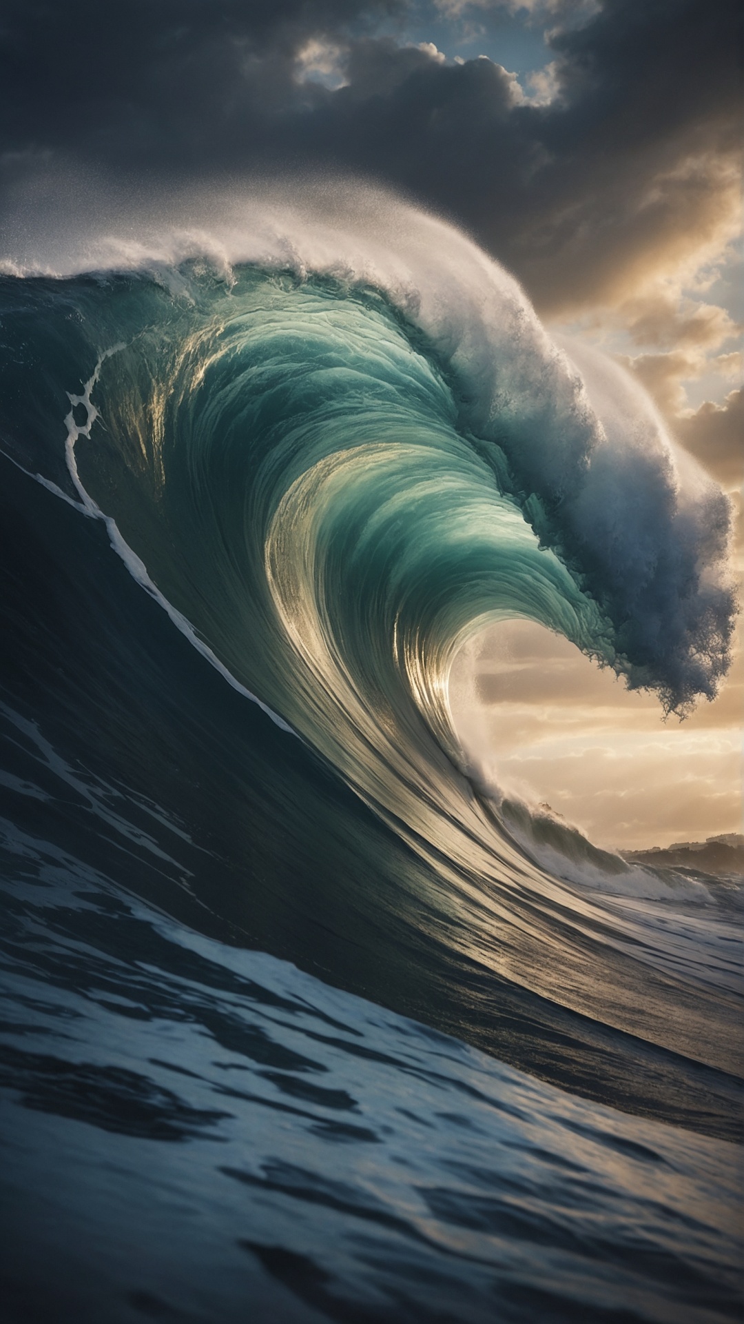 Rolling monster wave in the ocean at sunset