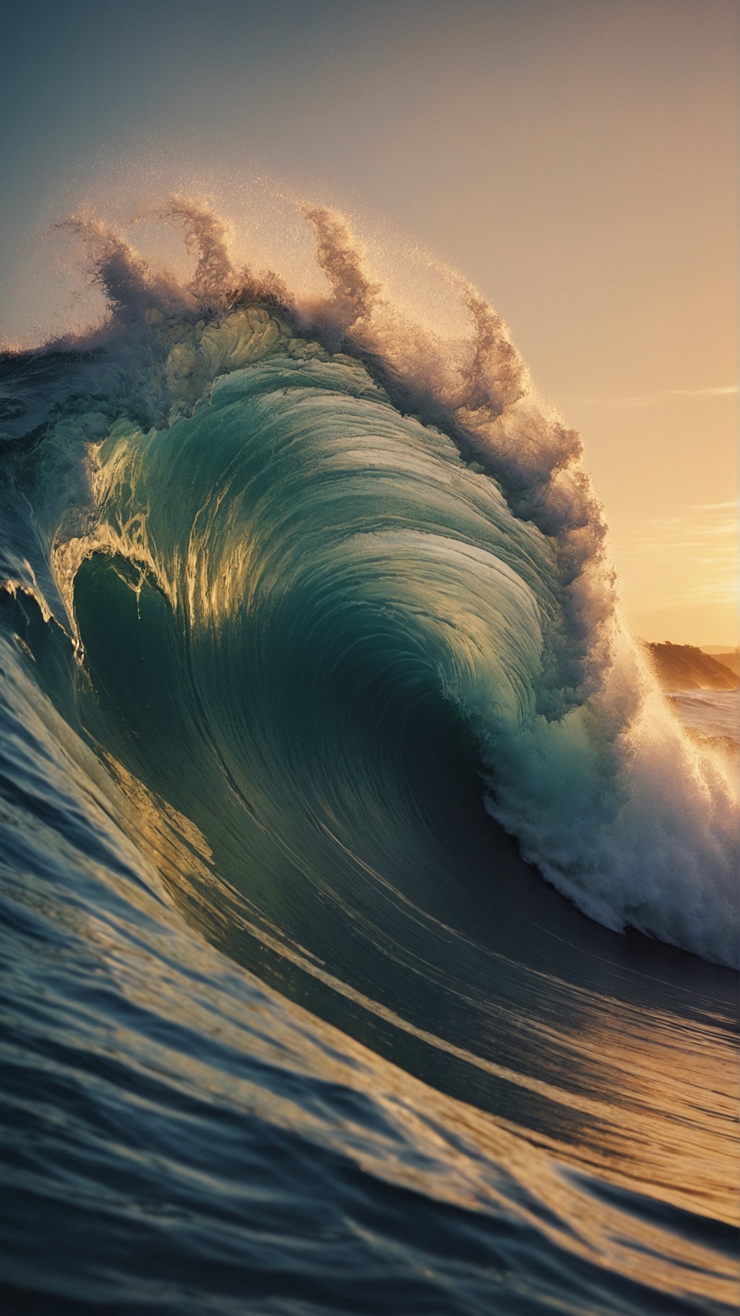 Rolling monster wave in the ocean at sunset