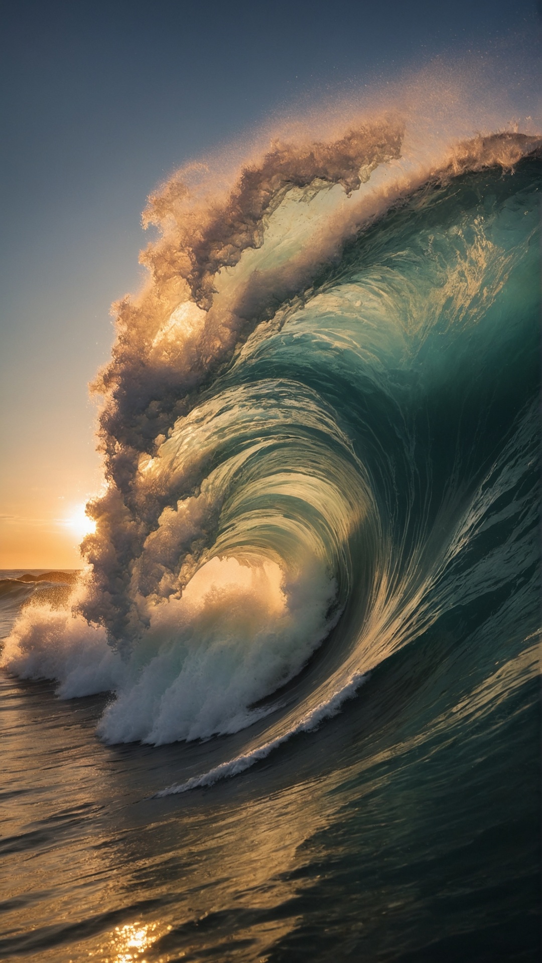 Rolling monster wave in the ocean at sunset