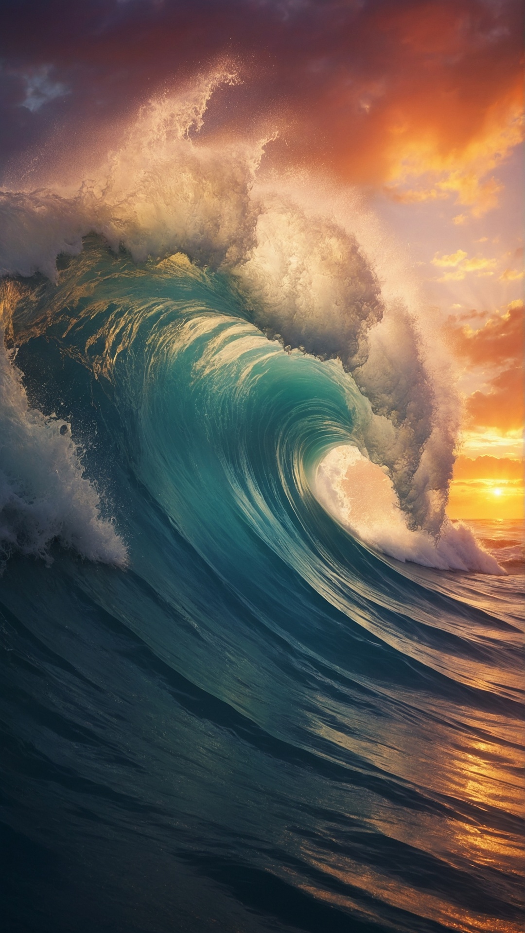 Rolling monster wave in the ocean at sunset