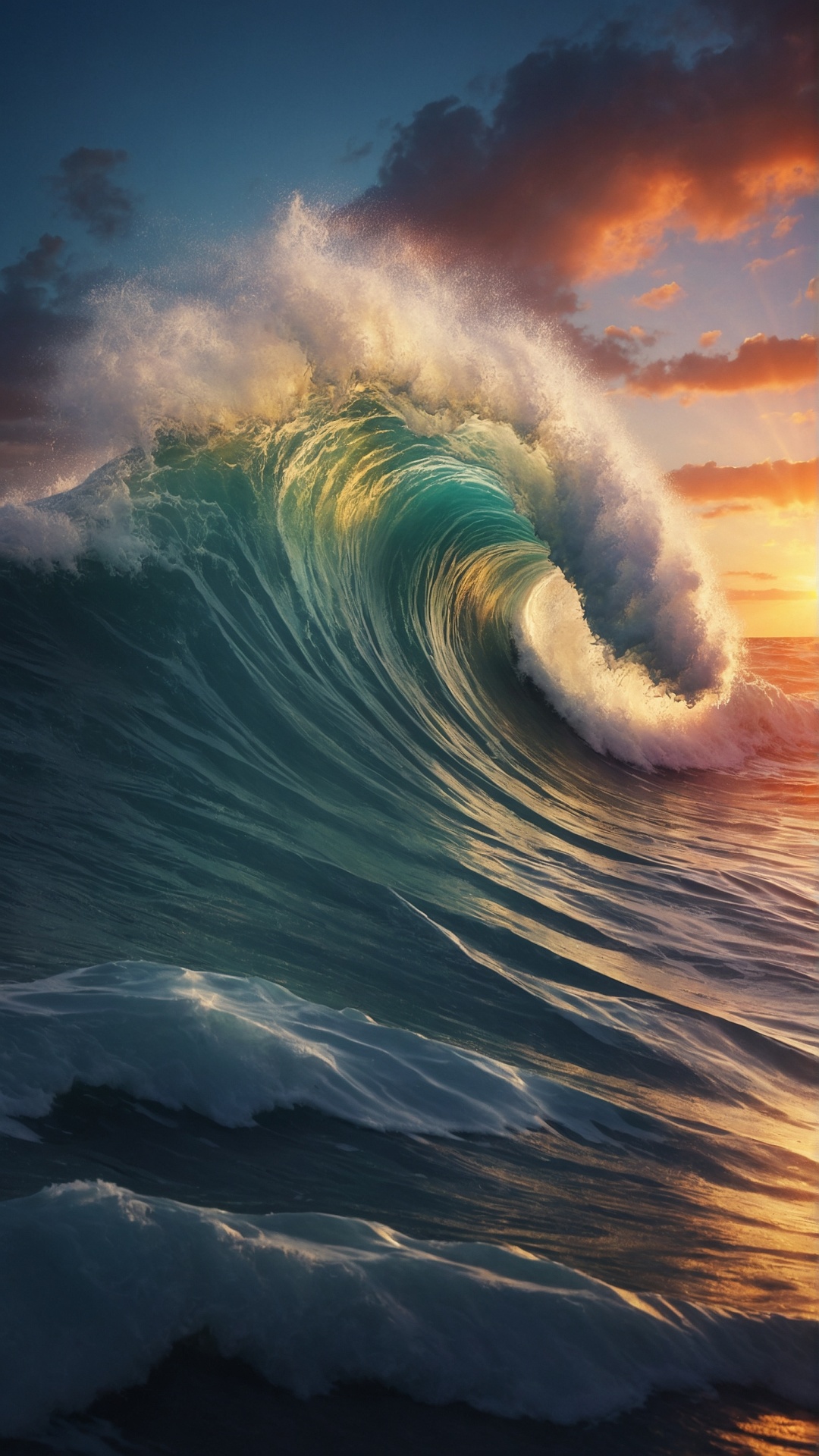 Rolling monster wave in the ocean at sunset