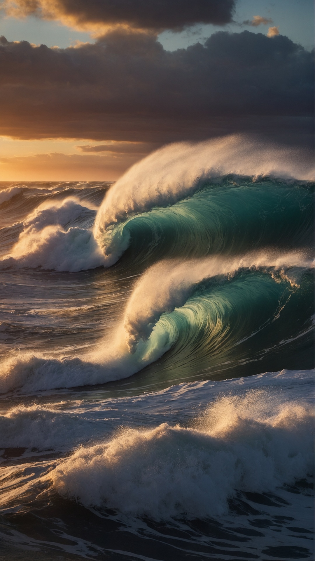 Rolling monster waves in the ocean at sunset