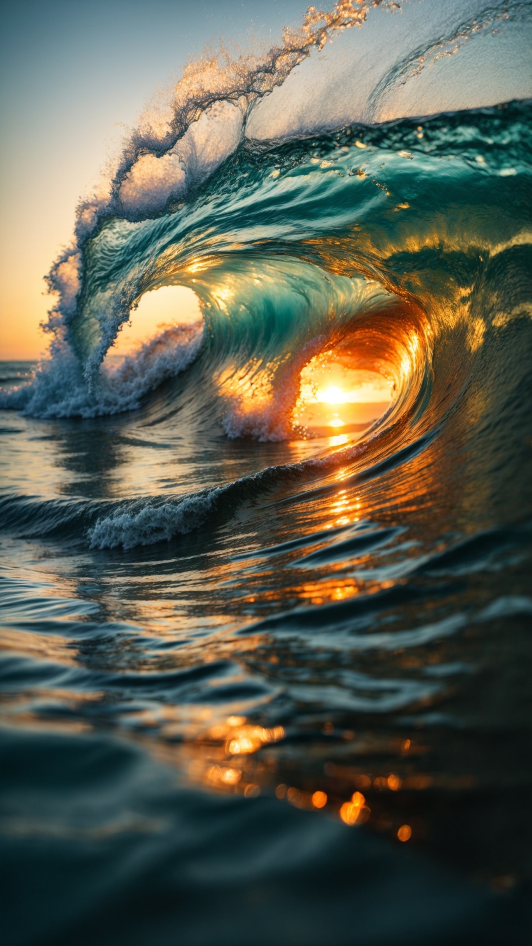 Rolling wave in the ocean at sunset