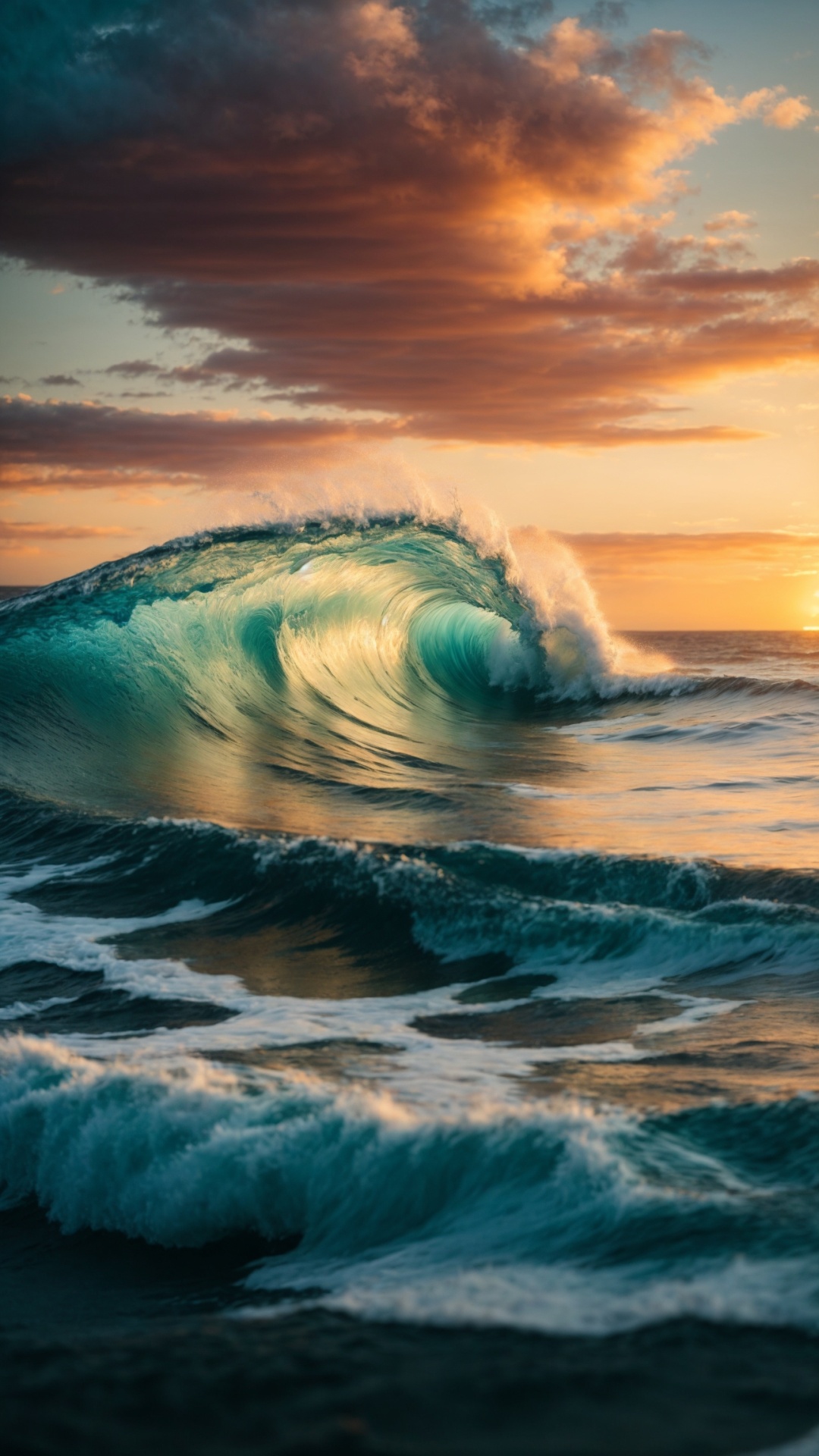 Rolling wave in the ocean at sunset