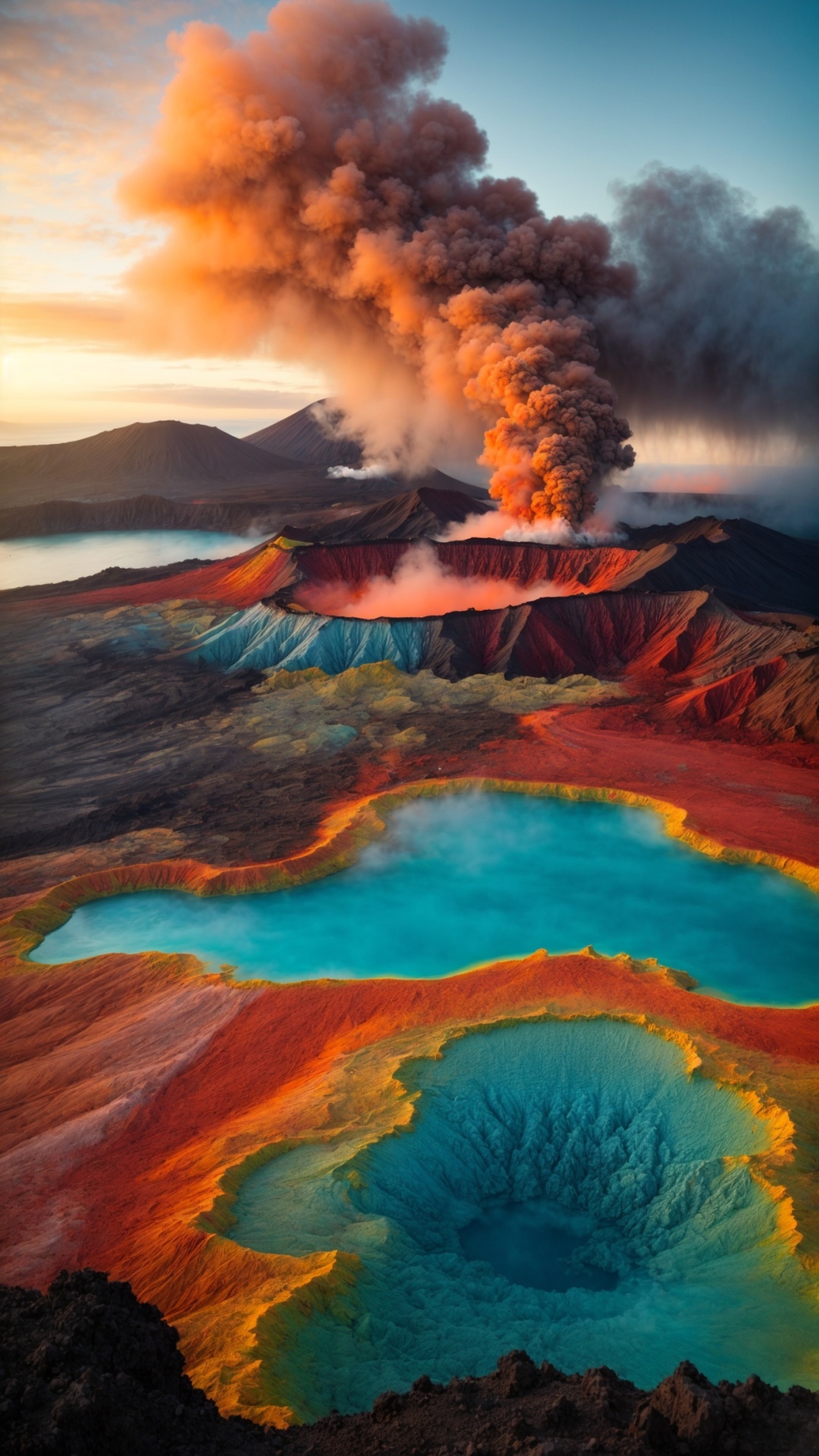 Volcano lake aerial view at sunset