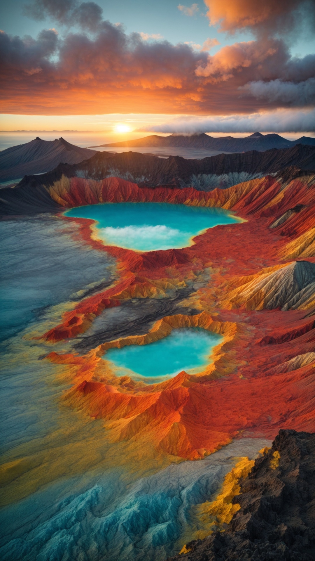 Volcano lake aerial view at sunset