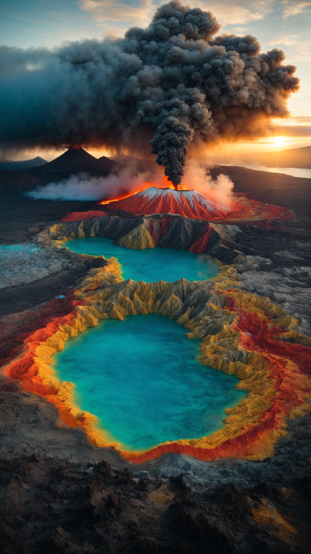 Volcano lake aerial view at sunset