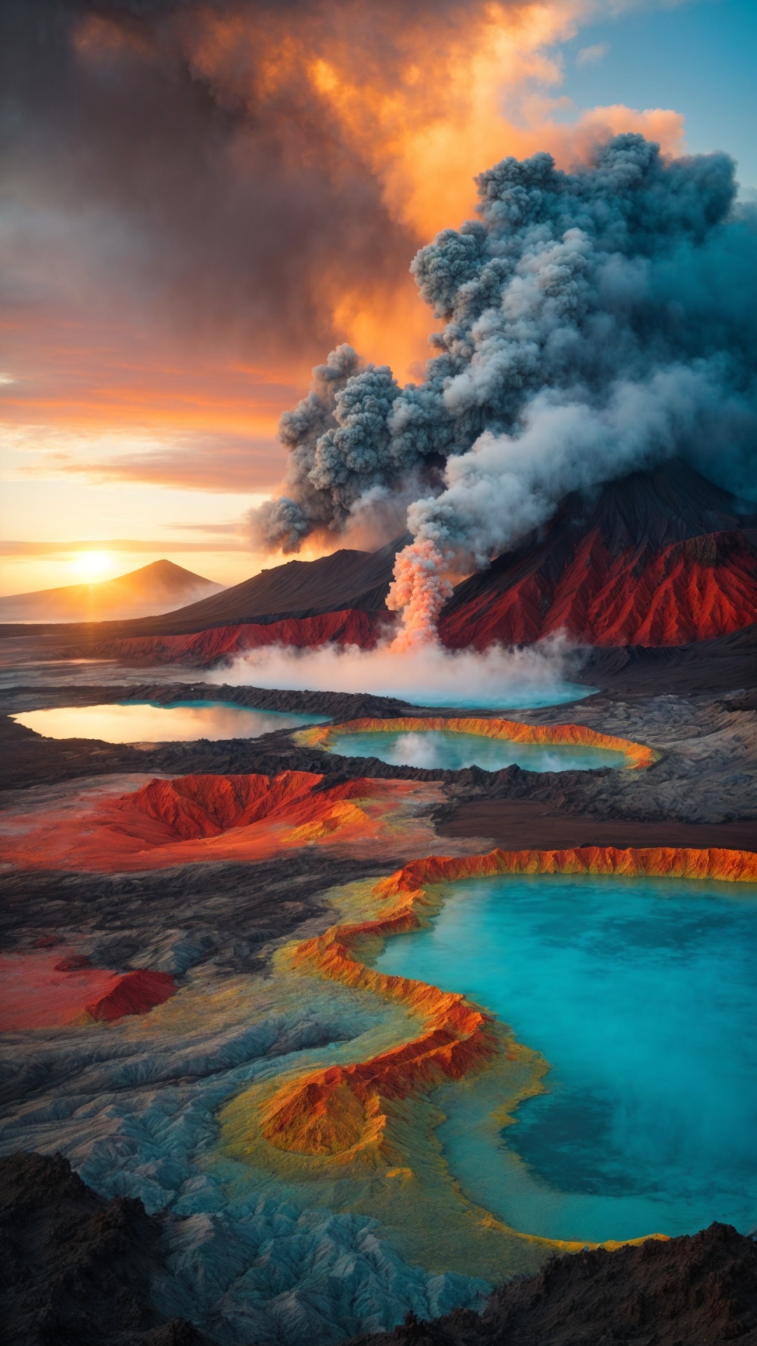 Volcano lake aerial view at sunset