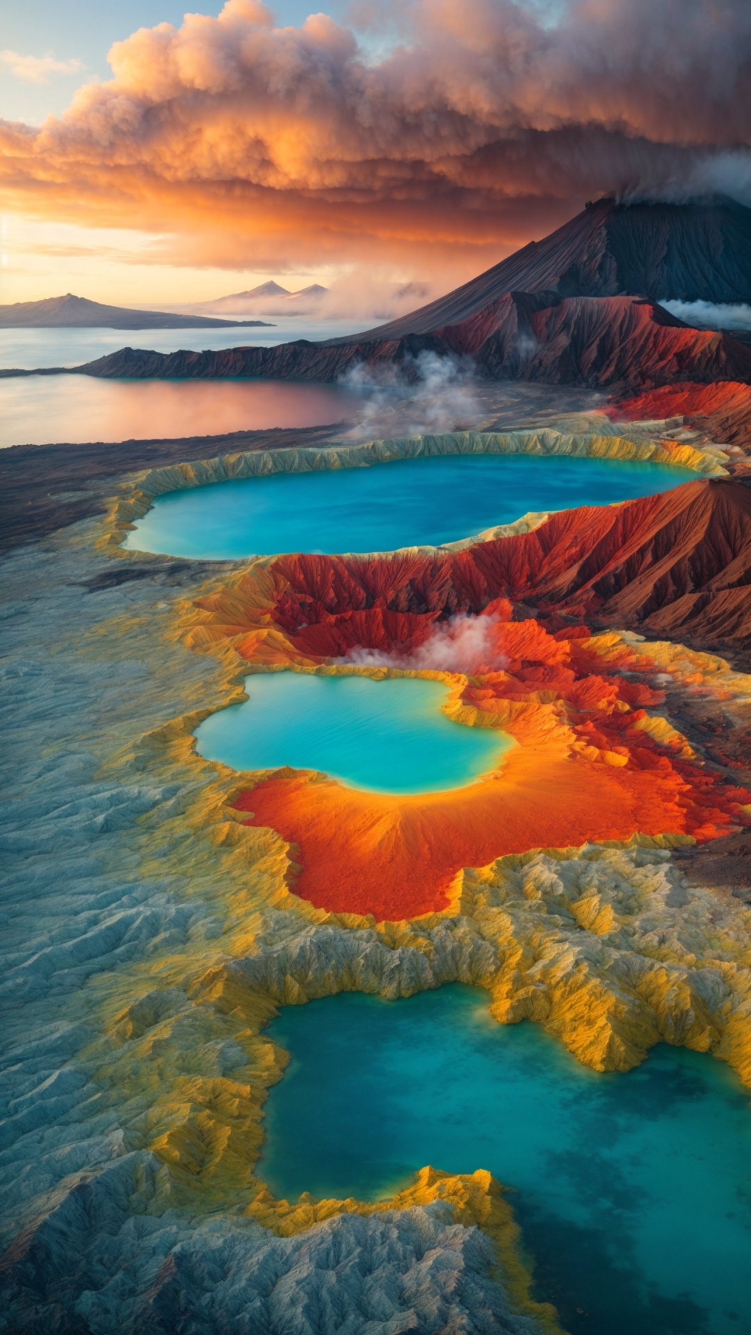 Volcano lake aerial view at sunset