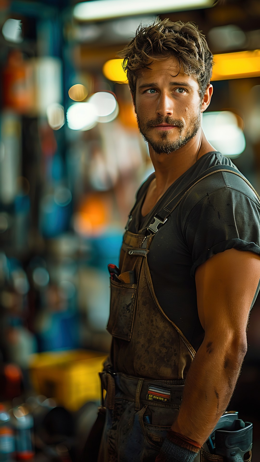 Muscular man working in car repair shop