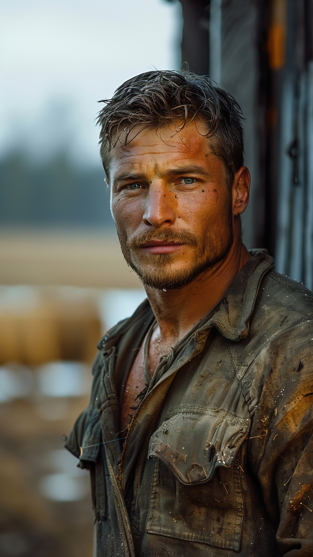 Muscular man working on a farm