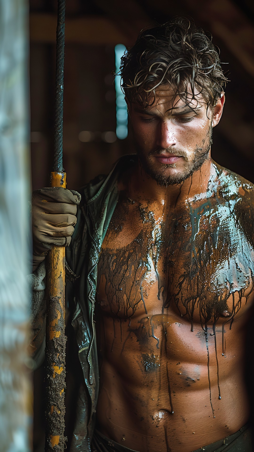 Muscular man working on a farm